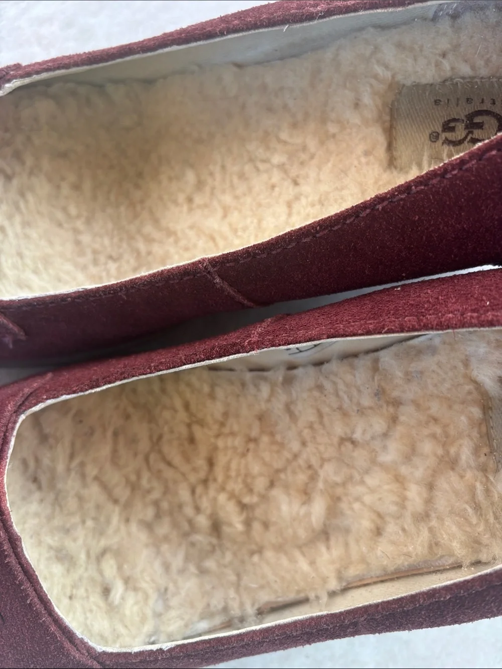 UGG Women's Burgundy Suede Wedge Loafers with Shearling